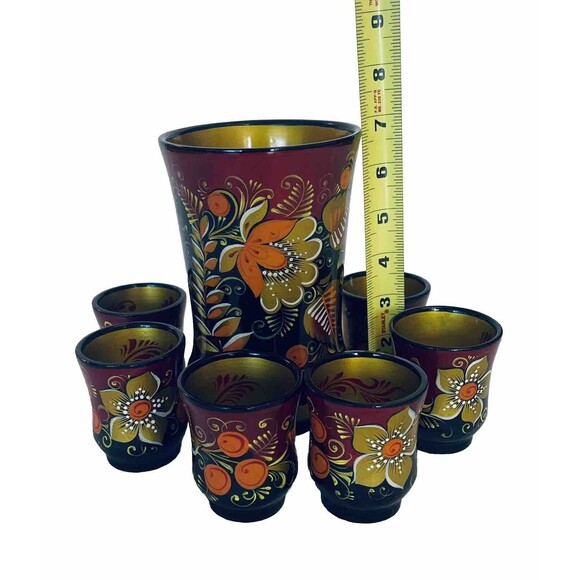 VTG Khokhloma Russian Handpainted Wooden Lacquer Set Pitcher & 6 Cups Signed EUC - Picture 8 of 14
